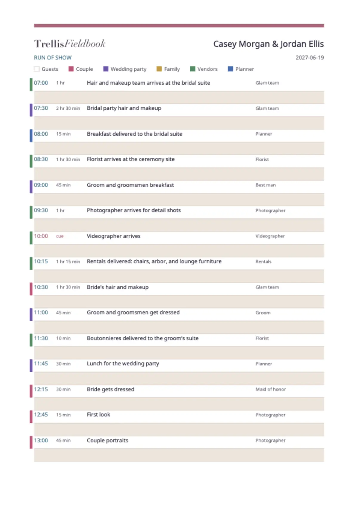 Preview of a color-coded Jordan Ellis and Casey Morgan run of show